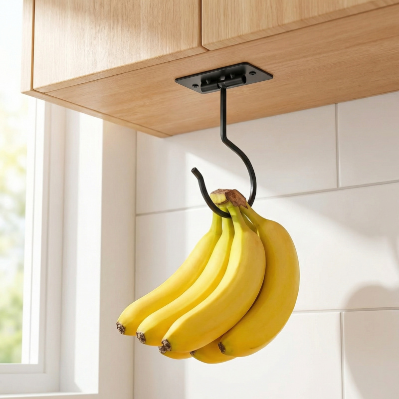 Food Storage Kitchen Cabinet - Czarny metalowy samoprzylepny haczyk bananowy, składany